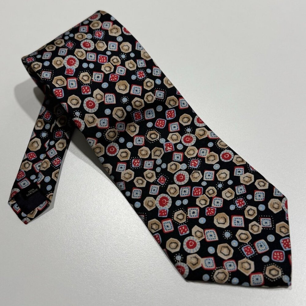 Vintage Charvet 100% Silk Necktie Geometric Abstract Print Black